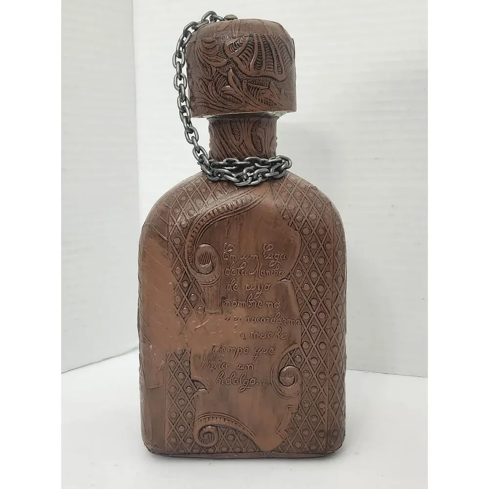 Vintage Spanish Porron Leather Wrapped Amber Glass Decanter Flask Set